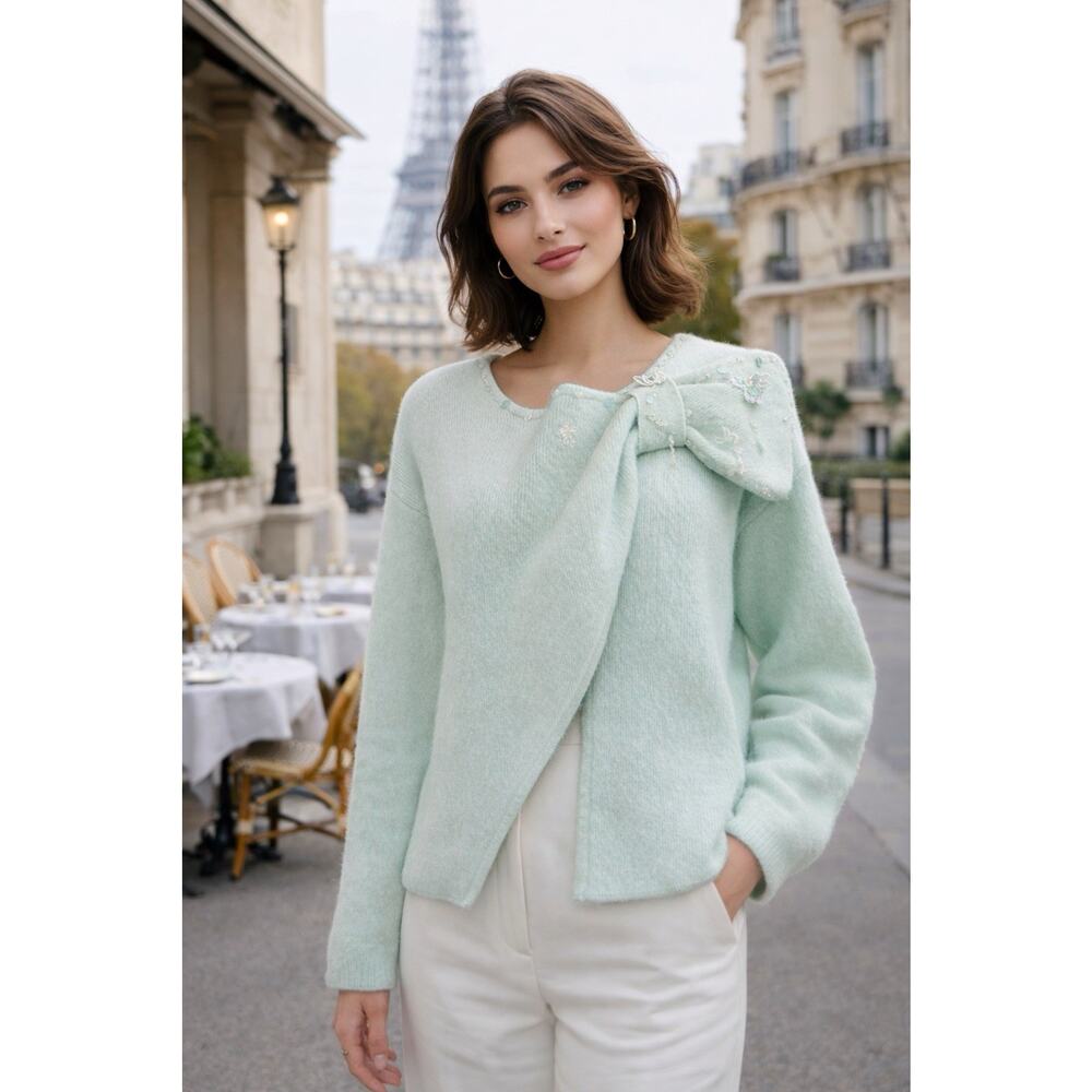 MARIE ELIE Mint Green Bow Embellished Angora Wool Blend Sweater Sequin Beaded M
